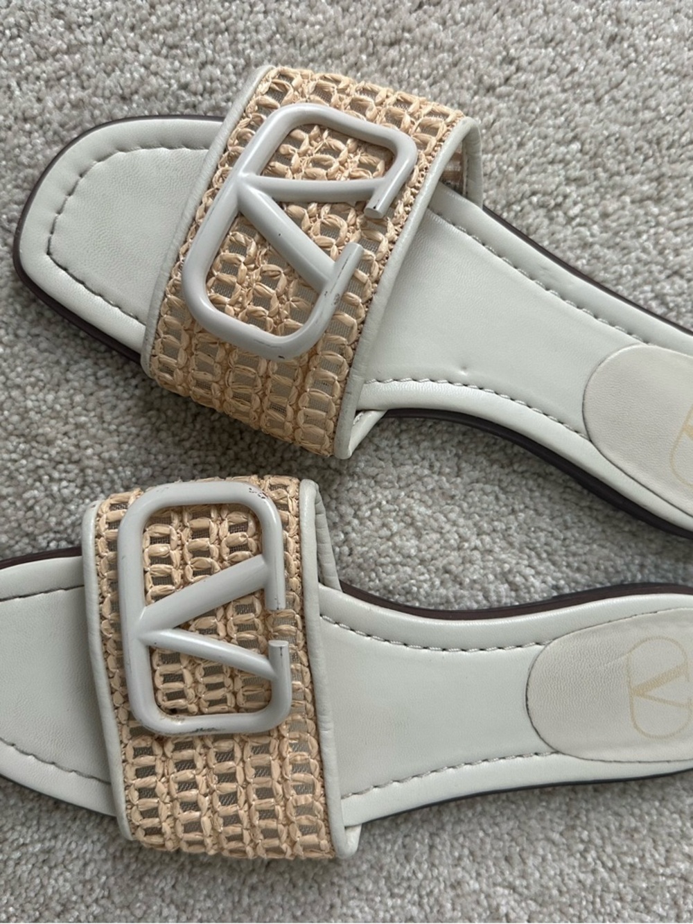Woven Beige and White Slide Sandals - Women's Casual Slip-Ons